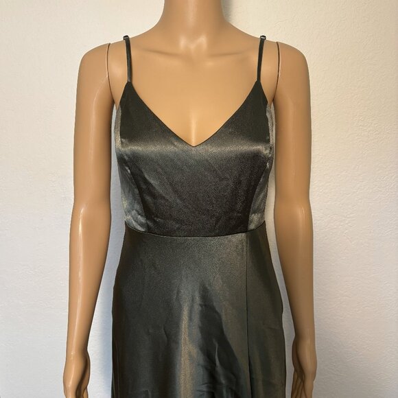 Birdy Grey Olive Satin Slip Maxi Dress V-Neck Low Back - XS - Picture 2 of 4